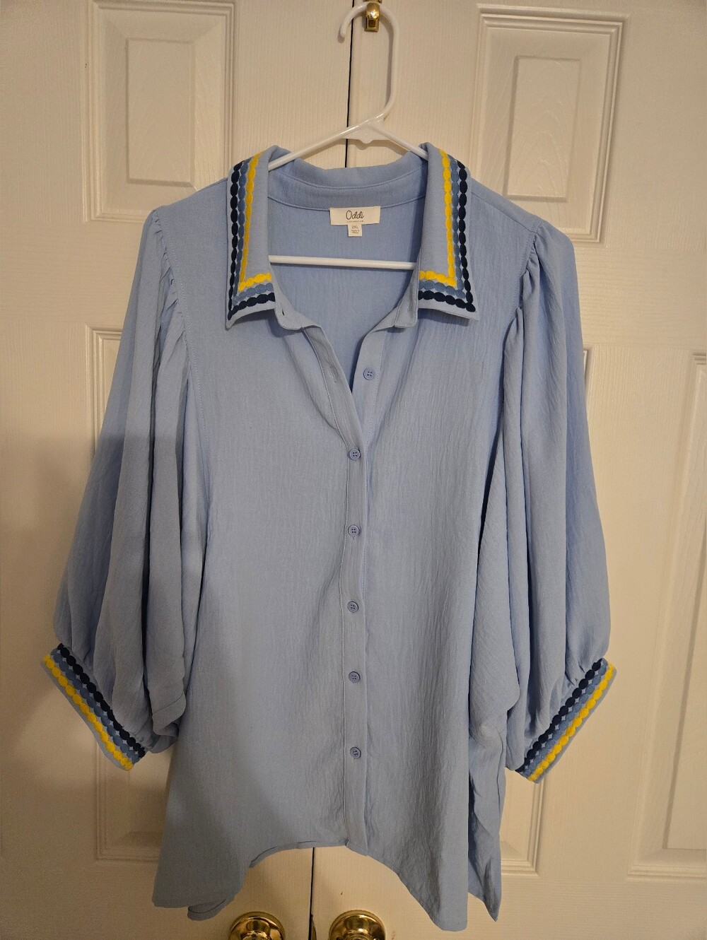 Oddi Tell Me Something Good Top Pale Blue Button-Up Blouse with Contrasting Trim